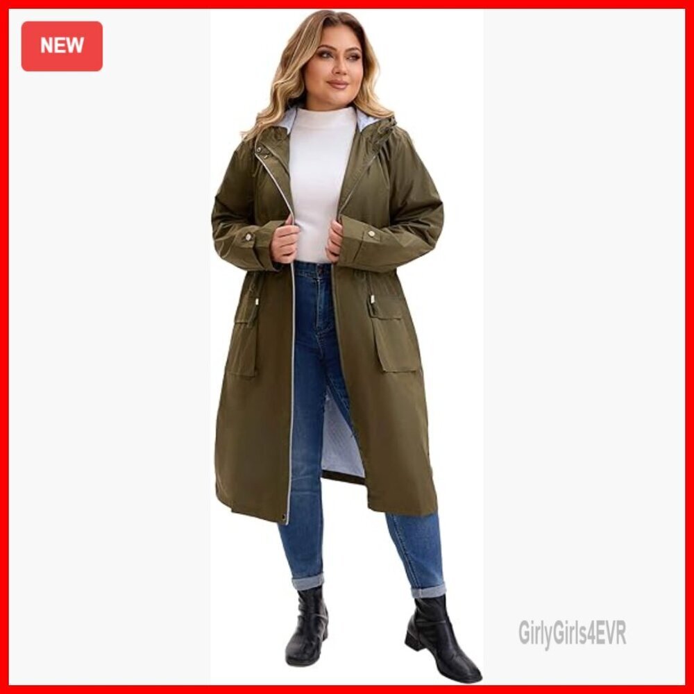 Plus Size Hooded Trench Coat Windbreaker Adjustable Waist Drawstring